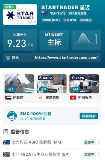 STARTRADER 星迈监管信息与天眼评分 9.23/10